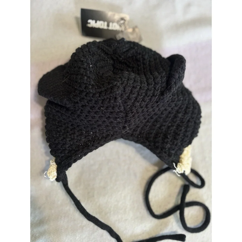 Hot Topic Black Crochet Lamb Sherpa Bonnet NWT Ears Drawstring Tie OS
